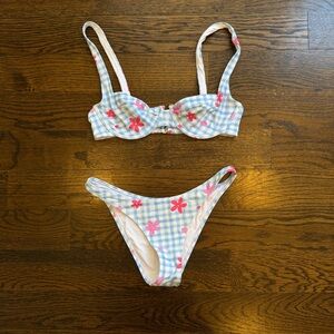 Princess Polly Blue and White Checkered Bikini with Pink Floral Accents